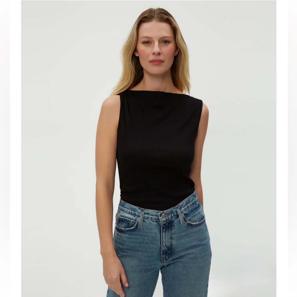 Michael Stars Black Coco Ruched Ribbed Boatneck Tank Size Small - Picture 2 of 13